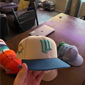 New Era Cream and Blue Hat 7 1/8